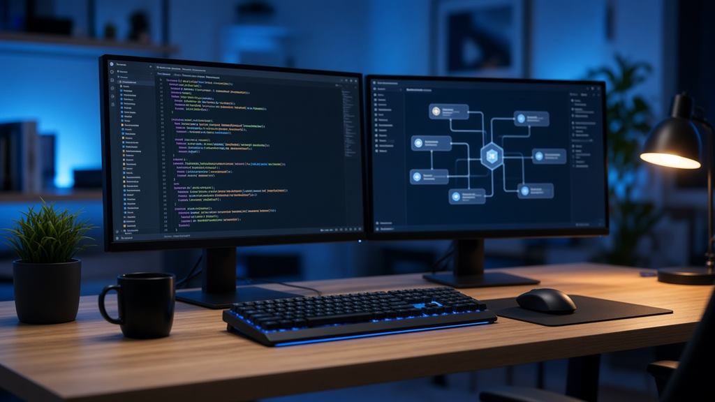 Developer workstation with C# code and a web application interface